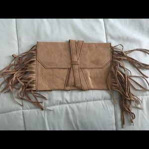 Genuine Leather Pink/Tan Fringw Clutch